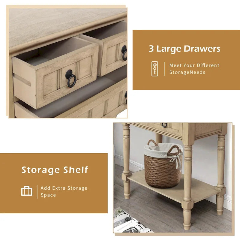Console Table with 3 Drawers, Sofa Side Table with Bottom Open Storage Shelf, Heavy-Duty Entryway Table for Hallway/Living Room