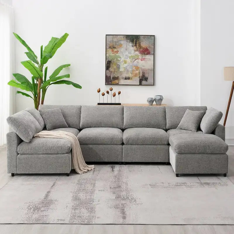U-Shaped Modular Chenille Sectional Sleeper Sofa with Ottoman
