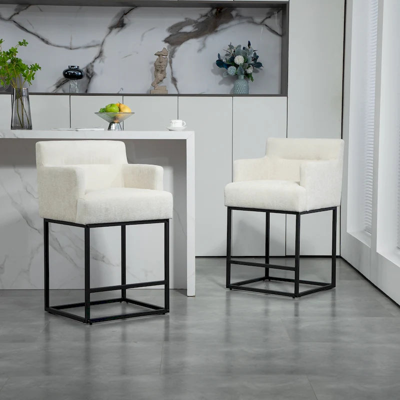 Modern Chenille/Leather Upholstered Bar Stools with Metal Frames and Solid Back (set of 2)