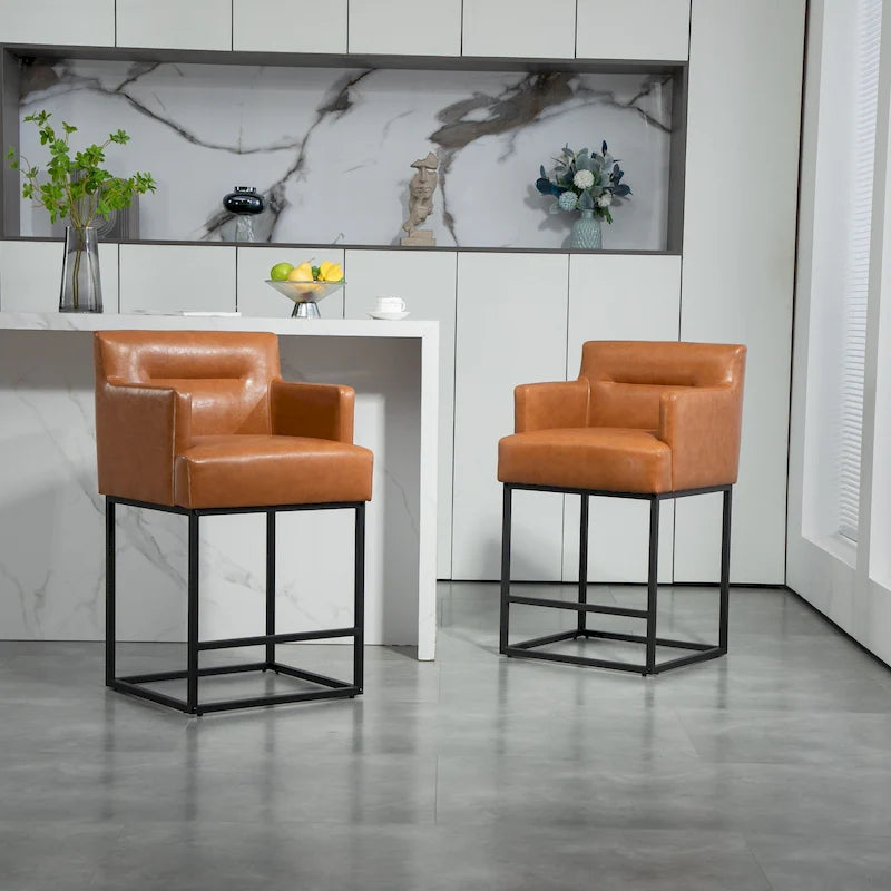 Modern Chenille/Leather Upholstered Bar Stools with Metal Frames and Solid Back (set of 2)