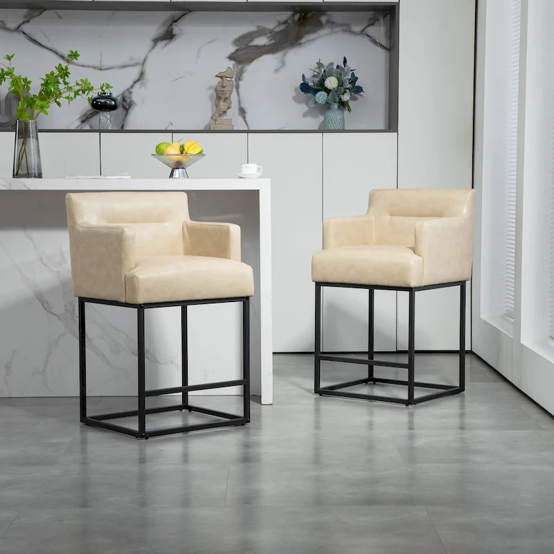 Modern Chenille/Leather Upholstered Bar Stools with Metal Frames and Solid Back (set of 2)