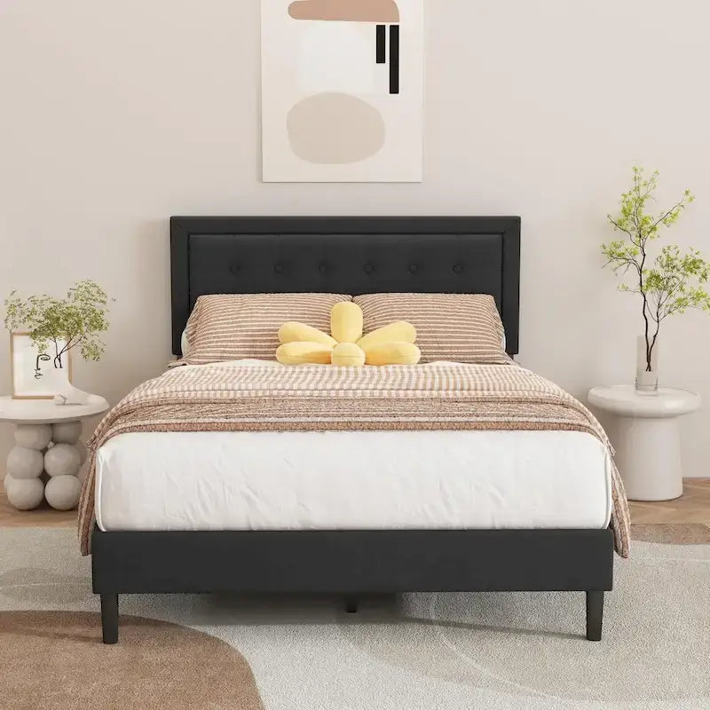 alazyhome Upholstered Platform Bed Frame with Button Tufting Headboard