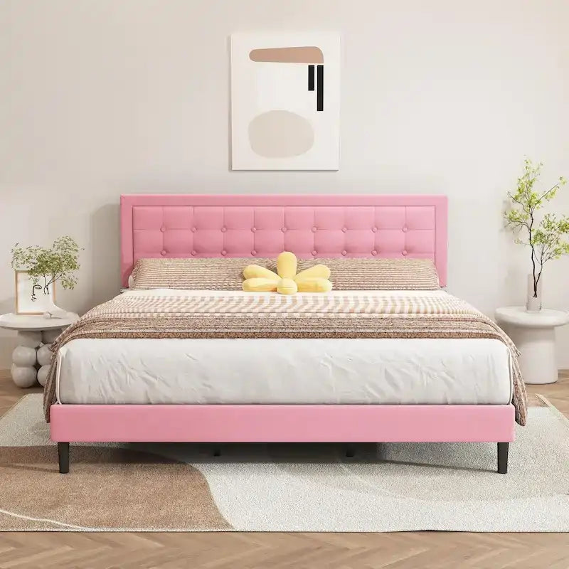 alazyhome Upholstered Platform Bed Frame with Button Tufting Headboard