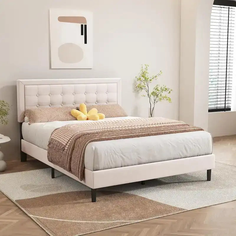 alazyhome Upholstered Platform Bed Frame with Button Tufting Headboard