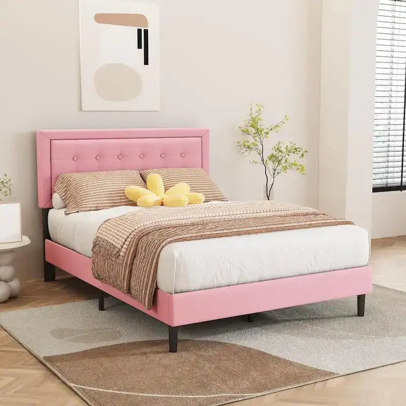 alazyhome Upholstered Platform Bed Frame with Button Tufting Headboard