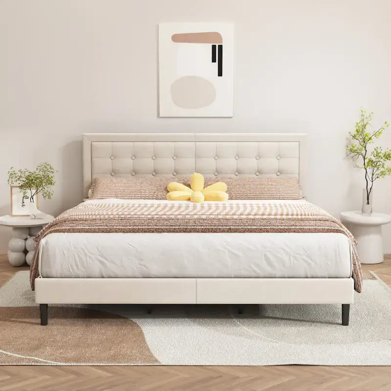 alazyhome Upholstered Platform Bed Frame with Button Tufting Headboard