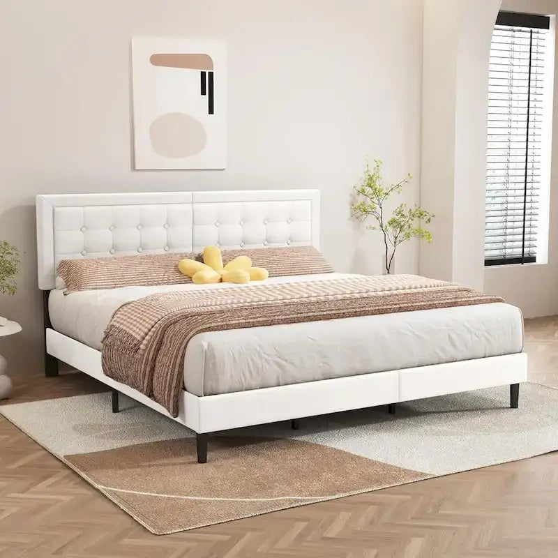 alazyhome Upholstered Platform Bed Frame with Button Tufting Headboard