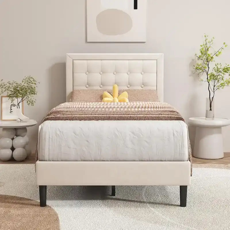 alazyhome Upholstered Platform Bed Frame with Button Tufting Headboard