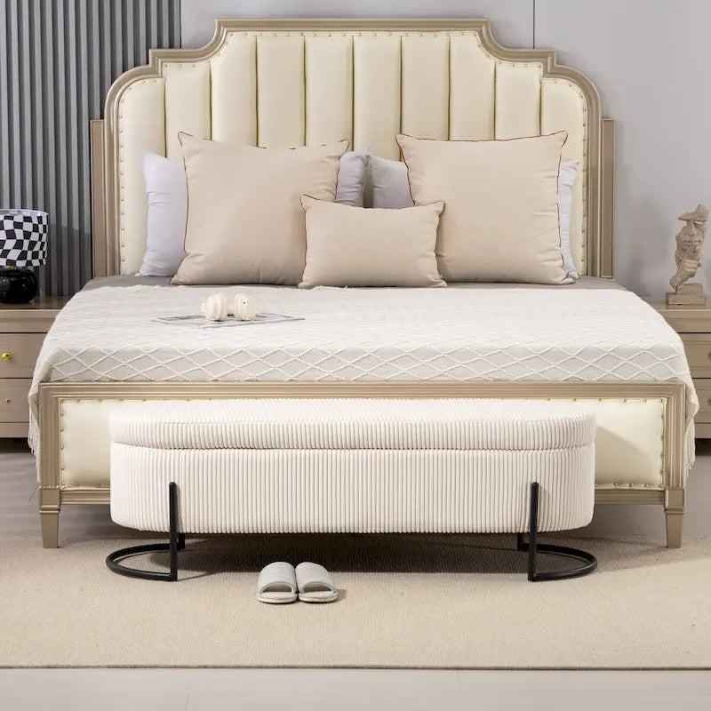 Woven storage Bench with safety hinges, End Bench for Living Room & Bedroom