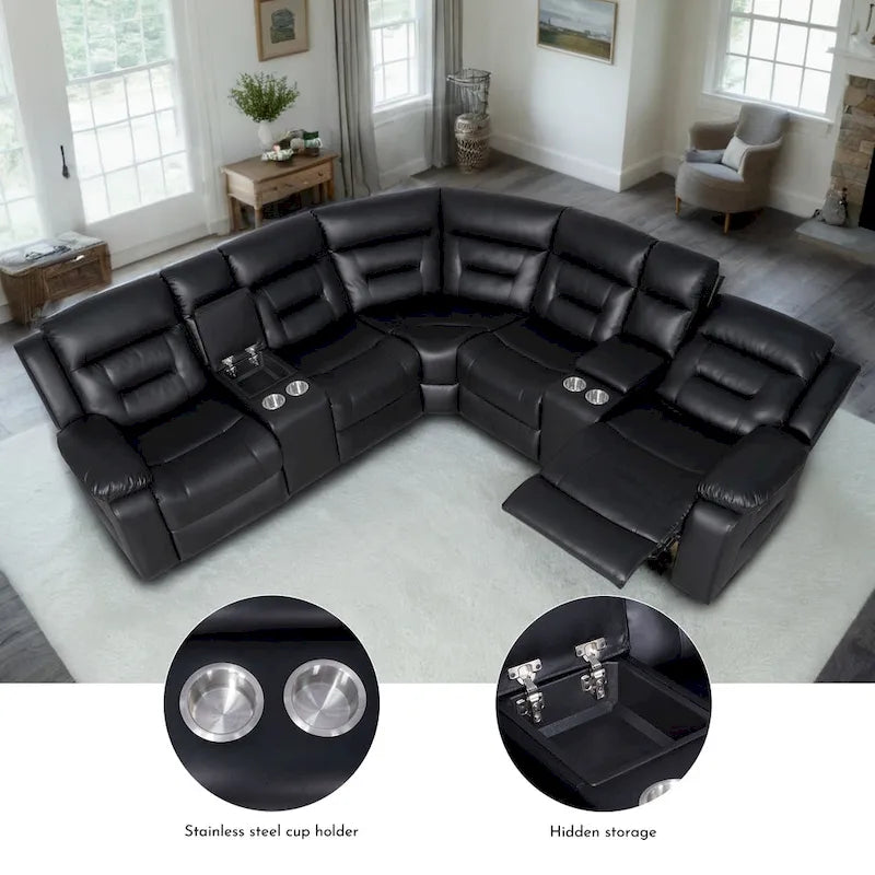 109 Power Reclining Sectional Couch, Modular Livingroom Recliner Sofa with 2 Storage Console & 4 Cup Holders